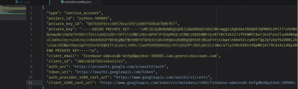 有關 Google firebase API對接，以後在做文章詳細介紹 serviceAccountKey.json 主要會是長這樣格式的一個JSON檔案